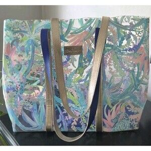 LILY PULITZER Clear PVC Tote Bag Sweet Escape Print Floral  Gold Trim 17x12"
